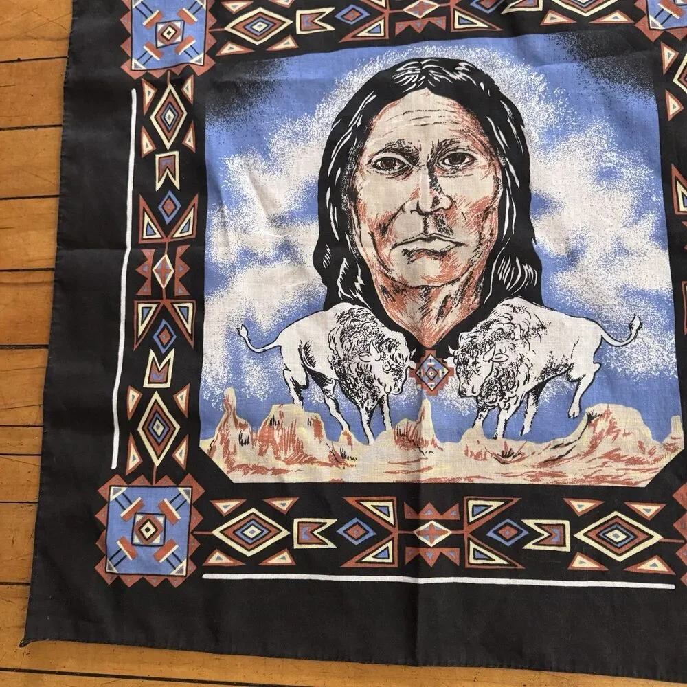 Vintage Bandana Native American Ram Southwestern  Aztec Tribal 80s USA Black Vtg